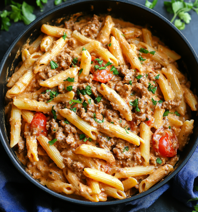 One Pot Creamy Tomato Beef Pasta