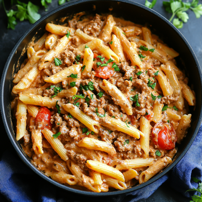 One Pot Creamy Tomato Beef Pasta