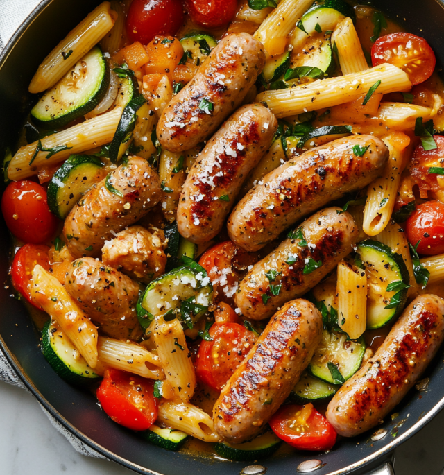 One-Pot Chicken Sausage Pasta with Zucchini & Tomatoes