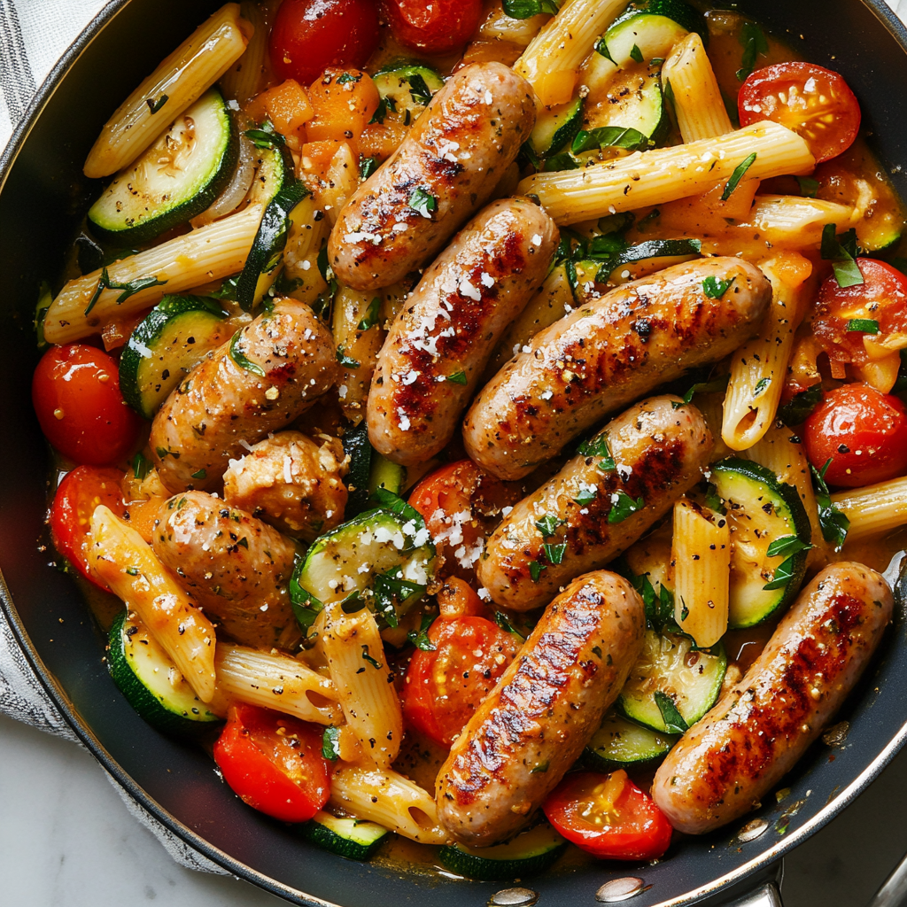 One-Pot Chicken Sausage Pasta with Zucchini & Tomatoes