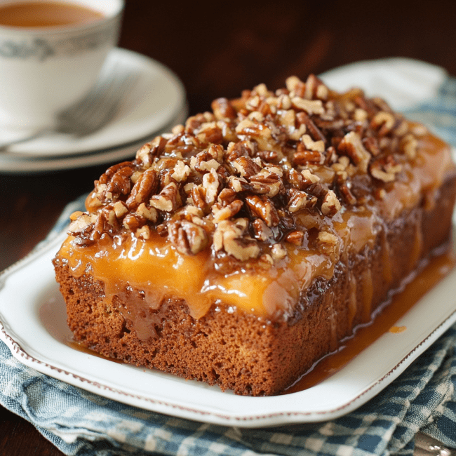 Southern Peach Bread with Pecan Praline Topping