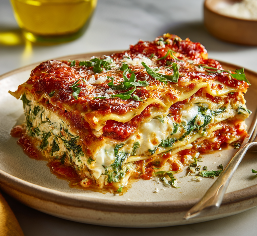 Spinach & Ricotta Lasagna with Fire-Roasted Tomato Sauce