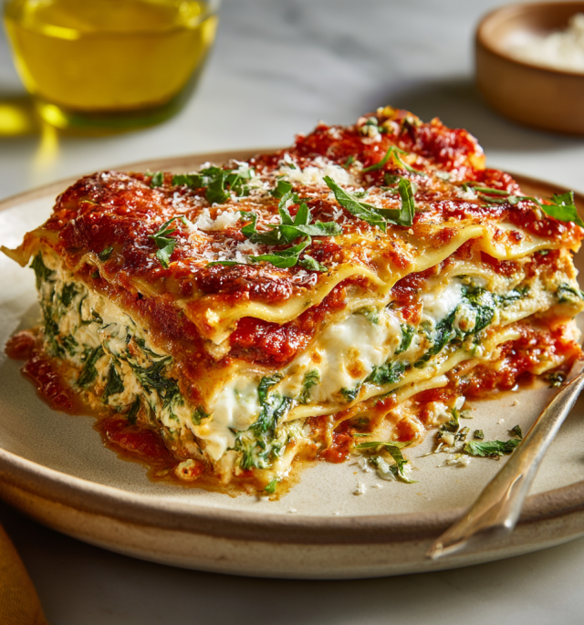 Spinach & Ricotta Lasagna with Fire-Roasted Tomato Sauce