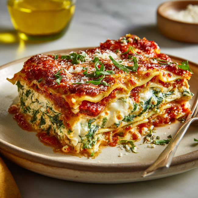 Spinach & Ricotta Lasagna with Fire-Roasted Tomato Sauce