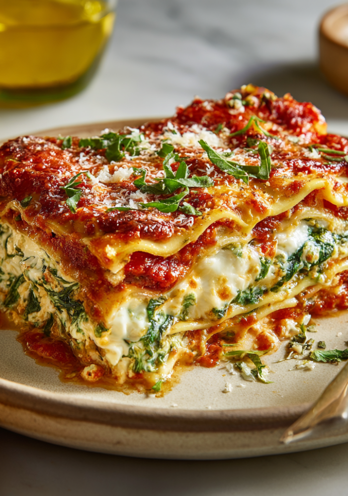Spinach & Ricotta Lasagna with Fire-Roasted Tomato Sauce