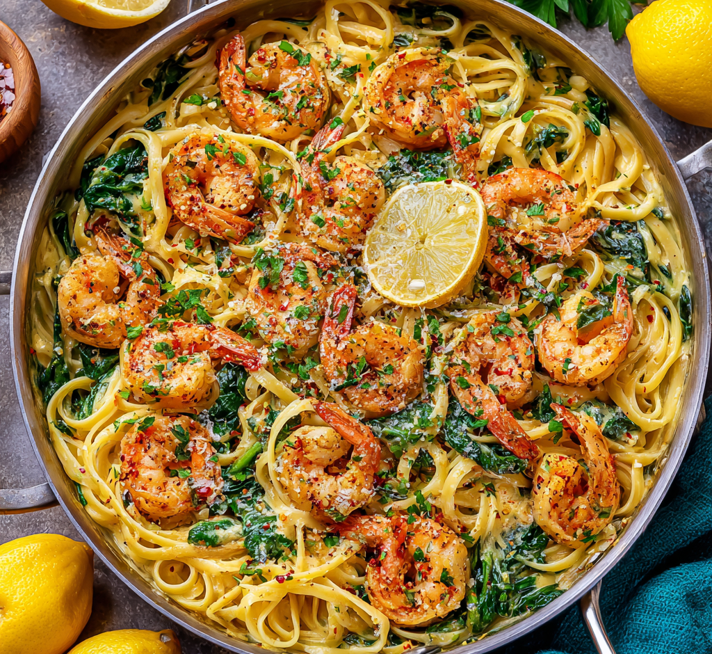 High Protein Lemon Garlic Shrimp Linguine