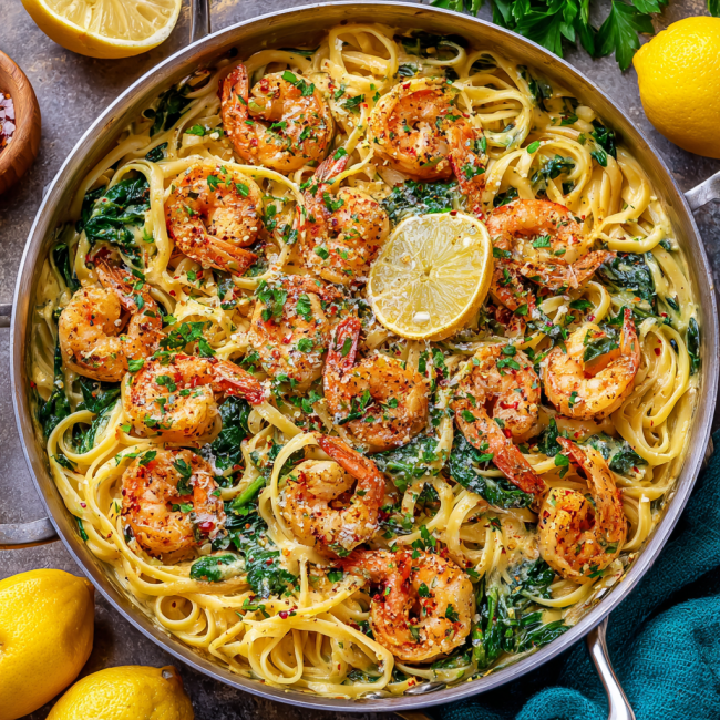 High Protein Lemon Garlic Shrimp Linguine