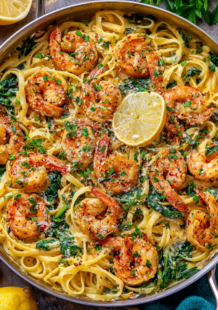 High Protein Lemon Garlic Shrimp Linguine