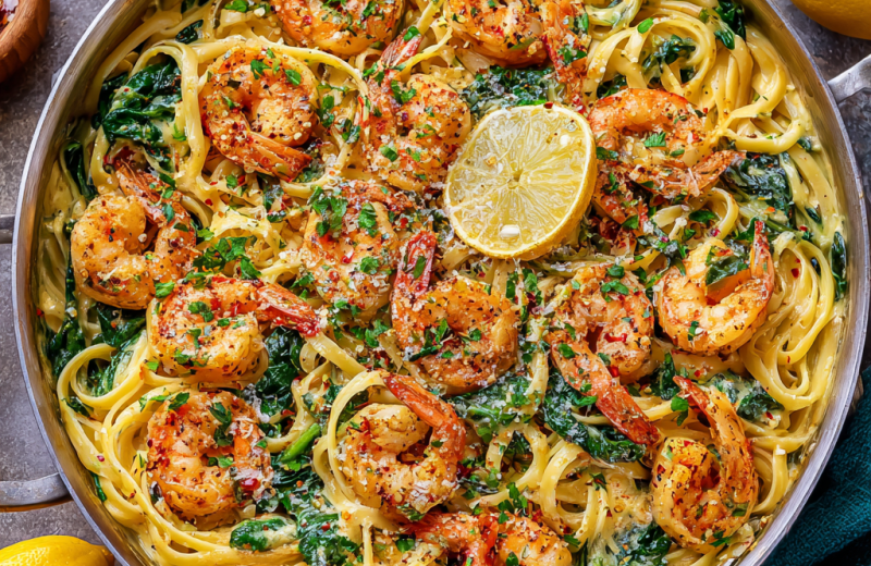 High Protein Lemon Garlic Shrimp Linguine