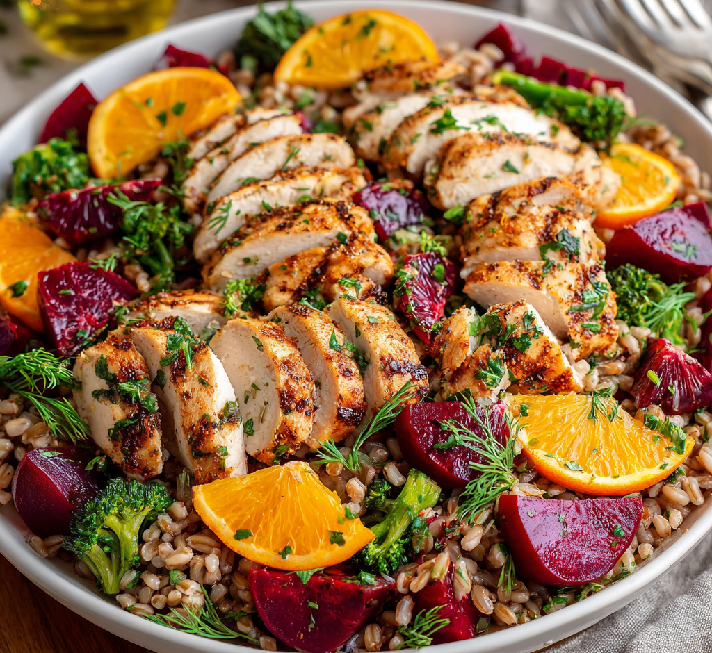Grilled Chicken with Farro Beet Salad