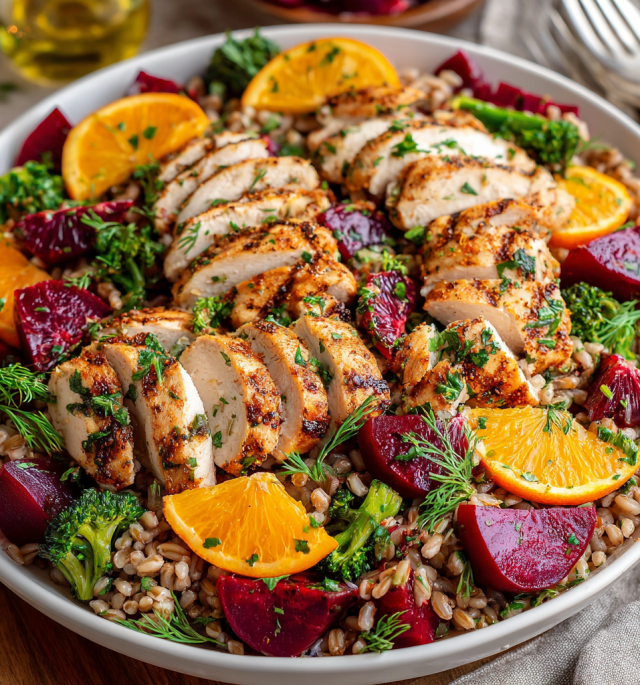 Grilled Chicken with Farro Beet Salad