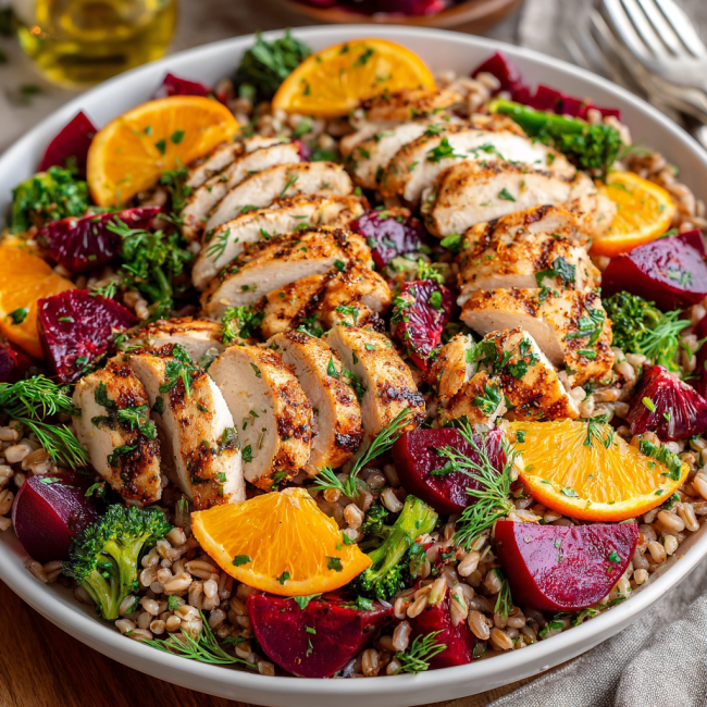Grilled Chicken with Farro Beet Salad