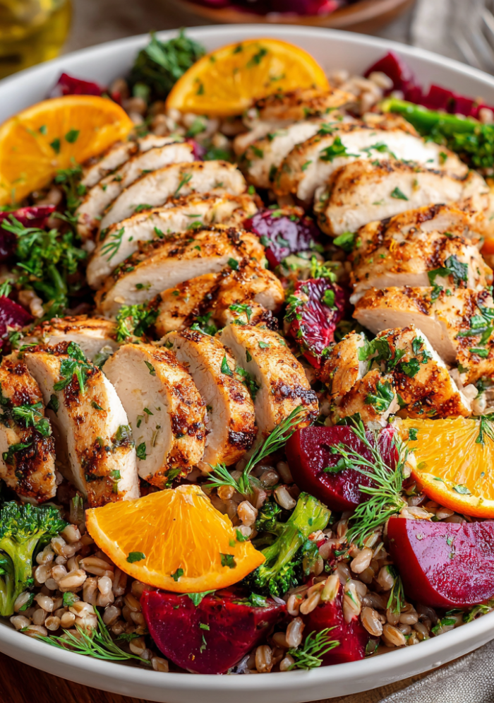 Grilled Chicken with Farro Beet Salad