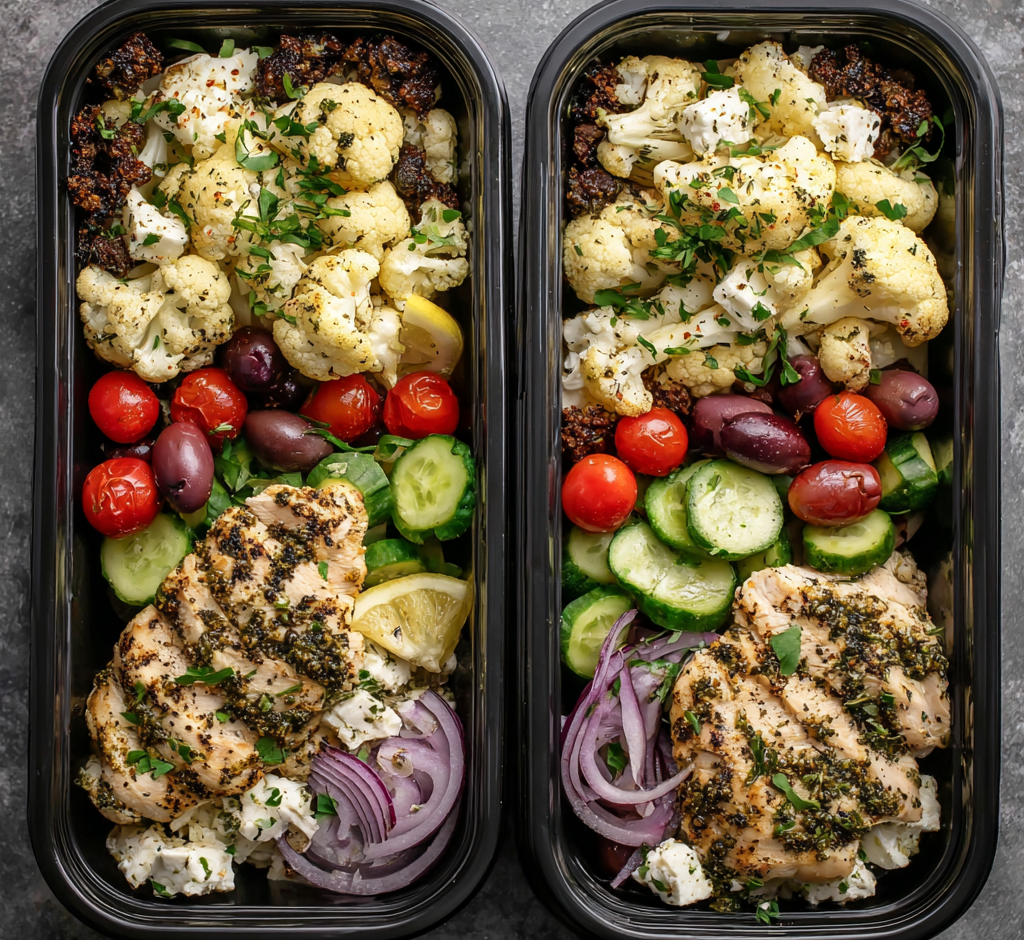 Greek Chicken & Roasted Cauliflower Meal Prep Bowls