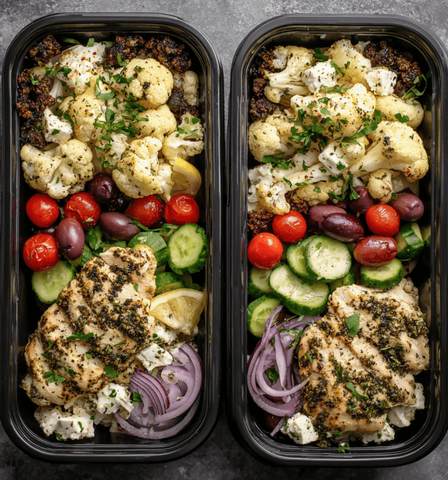 Greek Chicken & Roasted Cauliflower Meal Prep Bowls