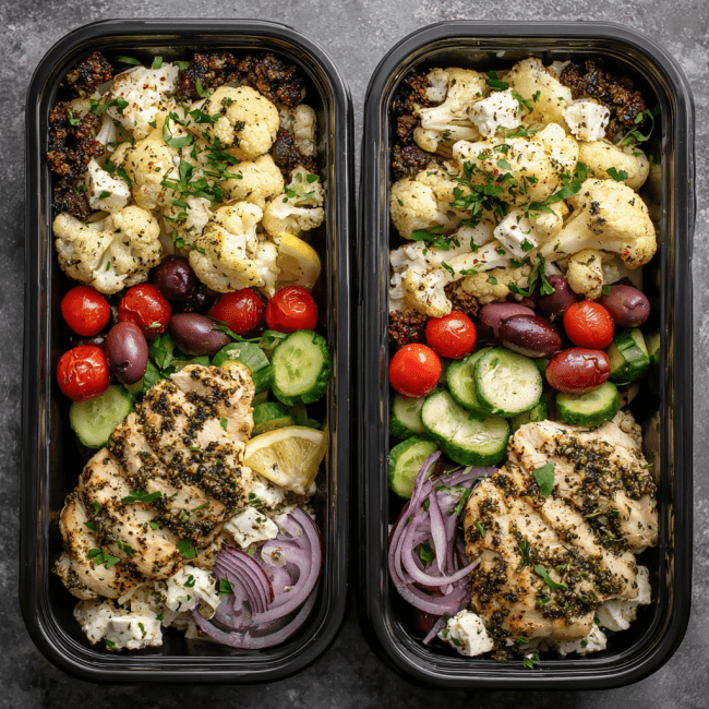 Greek Chicken & Roasted Cauliflower Meal Prep Bowls