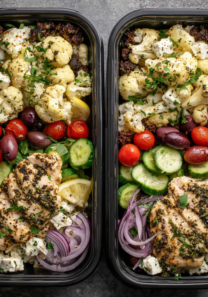 Greek Chicken & Roasted Cauliflower Meal Prep Bowls