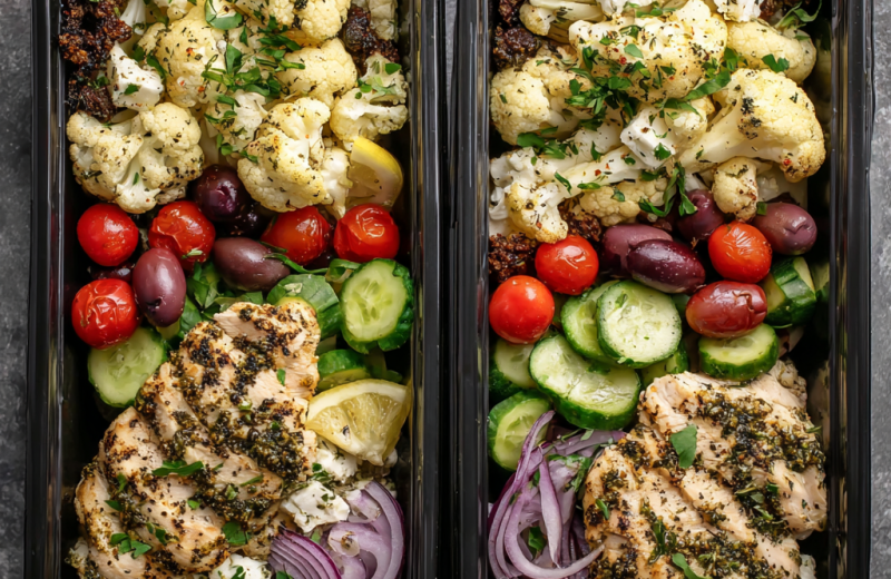Greek Chicken & Roasted Cauliflower Meal Prep Bowls