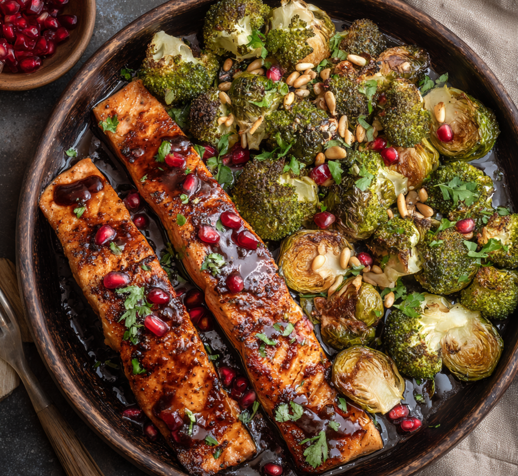 Pomegranate Molasses Salmon with Roasted Broccoli & Brussels
