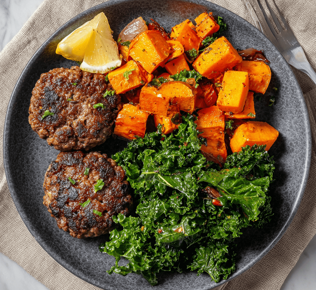 Homemade Beef Burgers with Garlic Kale