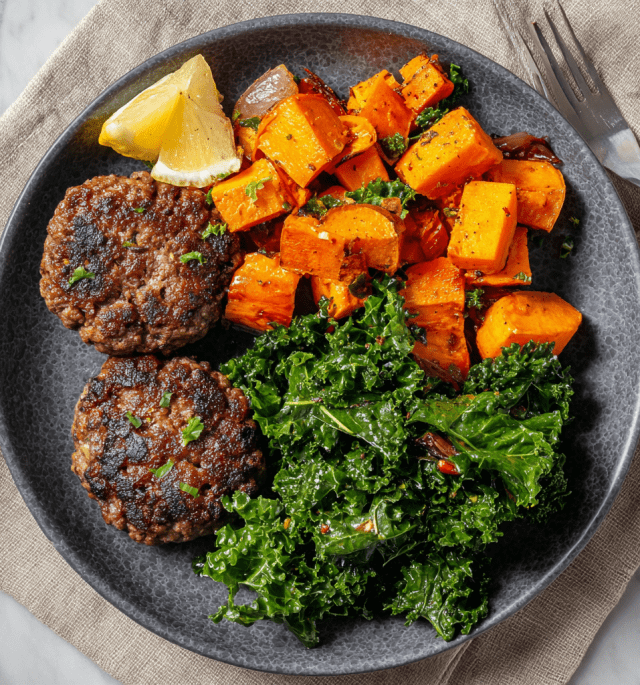 Homemade Beef Burgers with Garlic Kale
