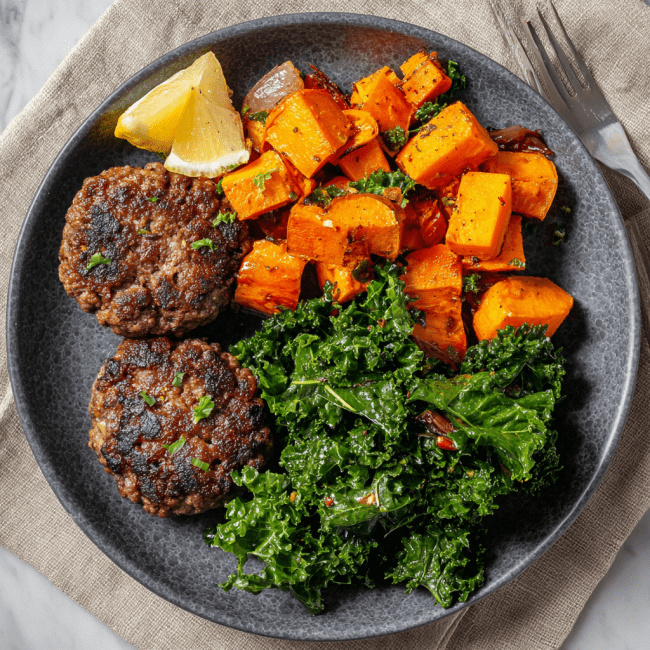 Homemade Beef Burgers with Garlic Kale