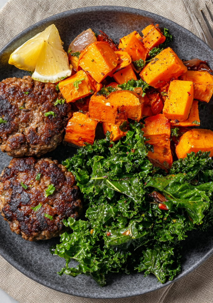 Homemade Beef Burgers with Garlic Kale