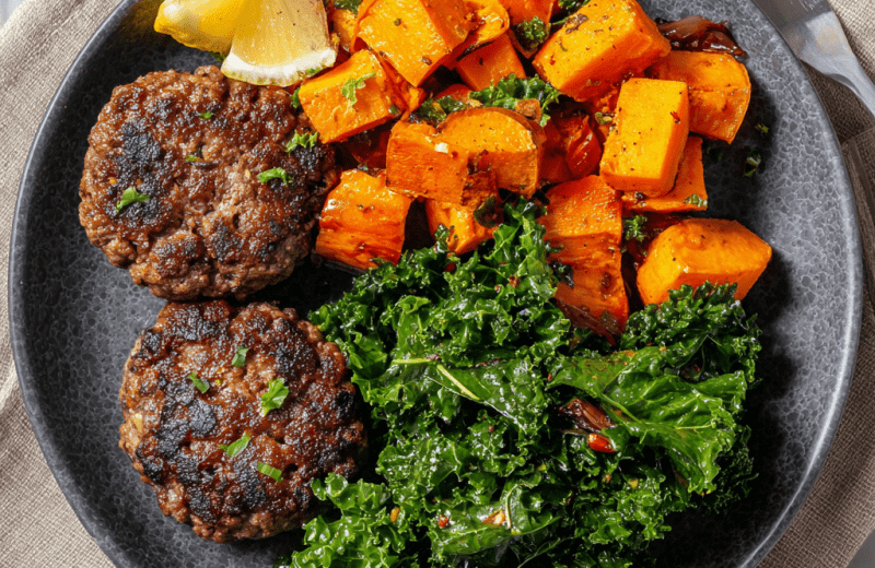 Homemade Beef Burgers with Garlic Kale