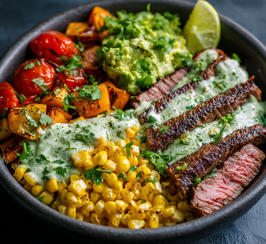 Steak, Avocado & Roasted Corn Bowl with Cilantro Cream Sauce