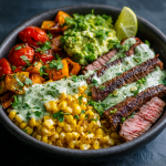 Steak, Avocado & Roasted Corn Bowl with Cilantro Cream Sauce