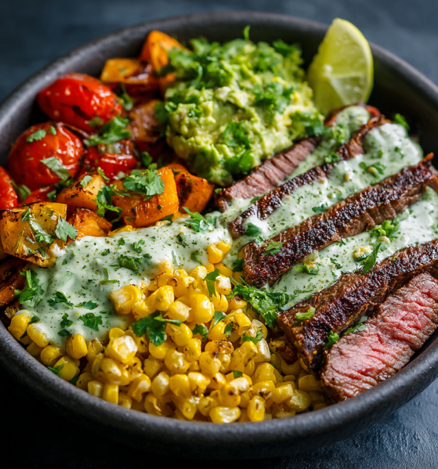 Steak, Avocado & Roasted Corn Bowl with Cilantro Cream Sauce
