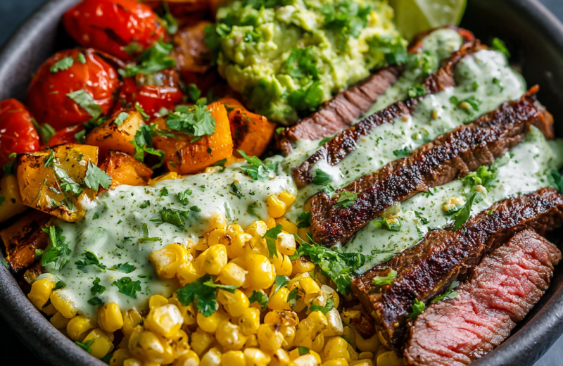 Steak, Avocado & Roasted Corn Bowl with Cilantro Cream Sauce