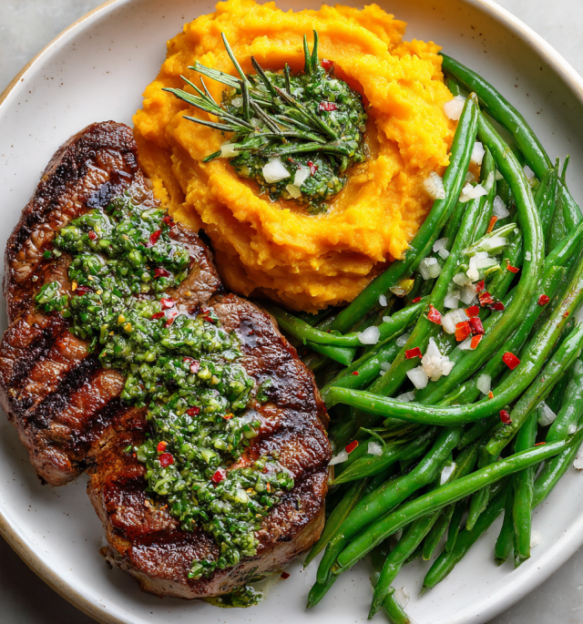 Garlic Herb Steak with Mashed Sweet Potato
