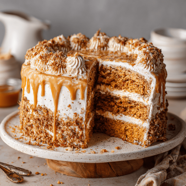 Pumpkin Toffee Crunch Cake with Cinnamon Cream Cheese Buttercream