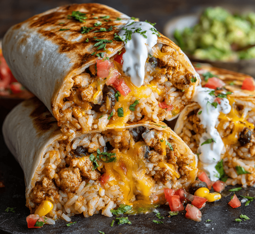 CHEESY GROUND CHICKEN & RICE BURRITOS