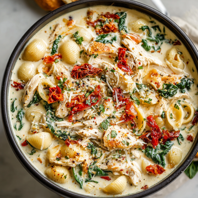 Creamy Tuscan Chicken Pasta Soup