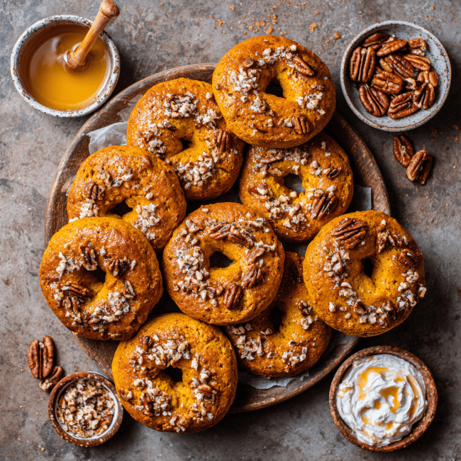 Homemade Pumpkin Bagels with Honey Pecan Cream Cheese