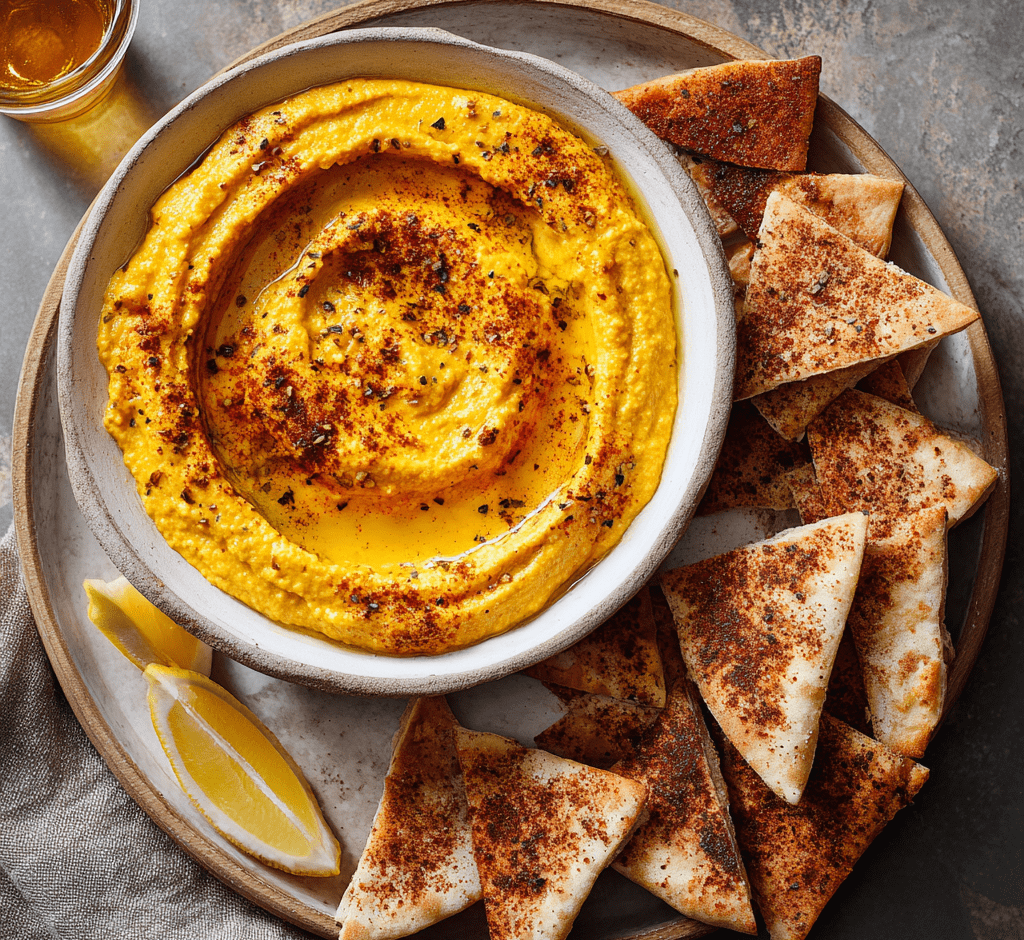 Spiced Pumpkin Hummus with Cinnamon Pita Chips