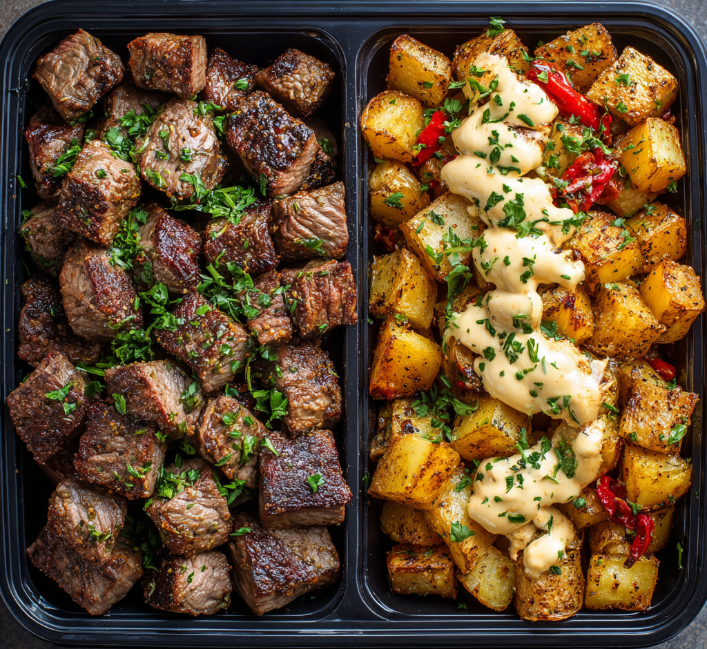 High Protein Garlic Butter Steak Bites & Crispy Potatoes