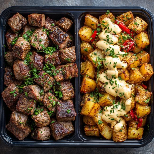 High Protein Garlic Butter Steak Bites & Crispy Potatoes