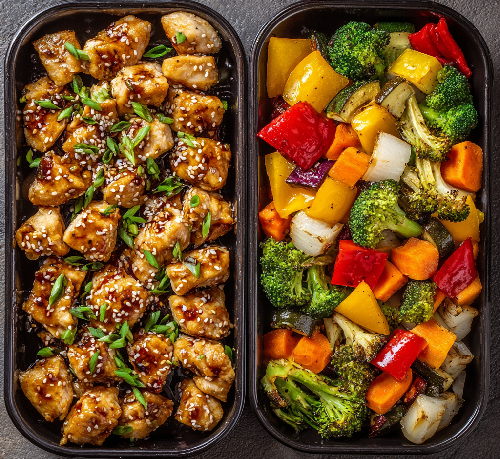 High Protein Honey Garlic Chicken Bites & Roasted Veggie Medley