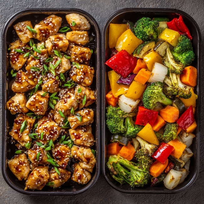 High Protein Honey Garlic Chicken Bites & Roasted Veggie Medley