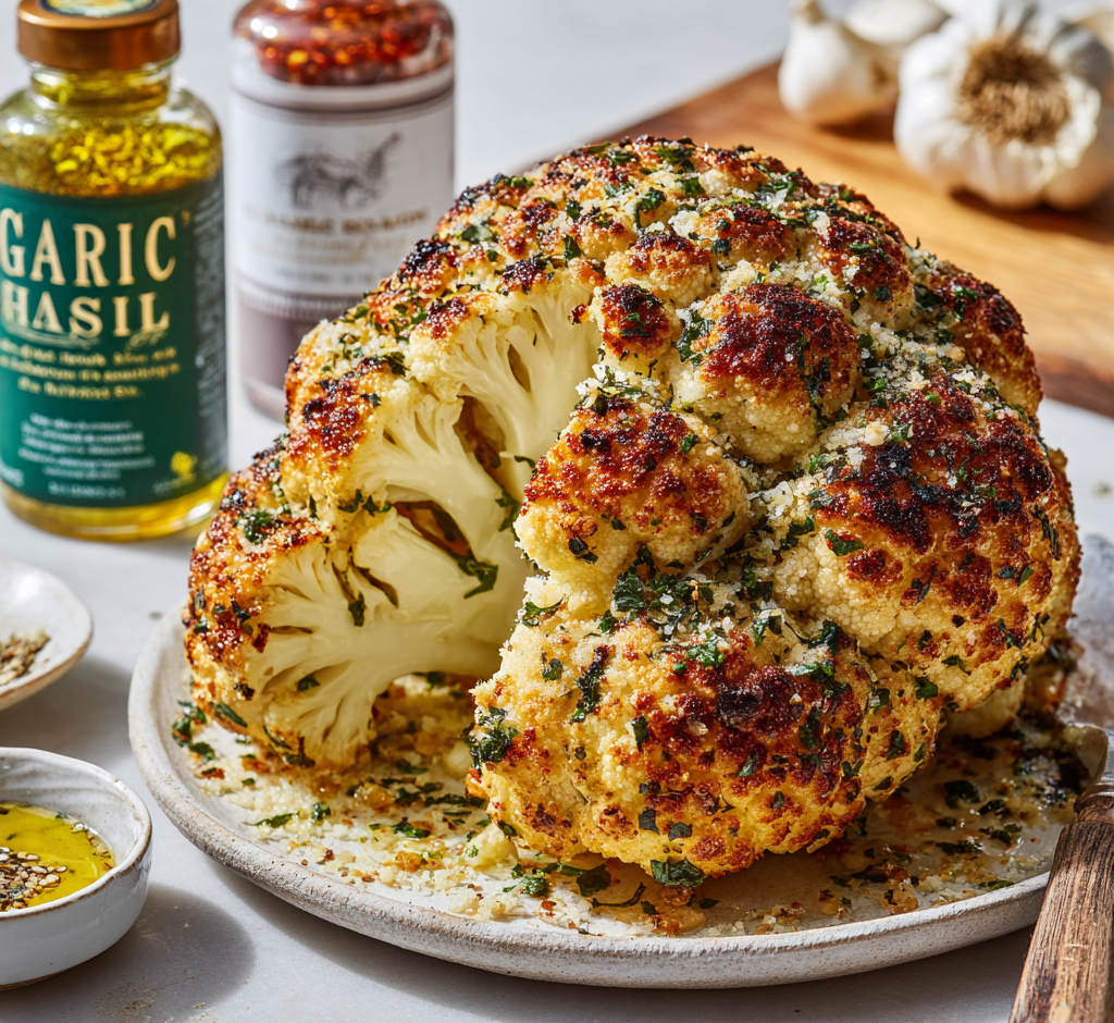 Garlic-Herb Roasted Whole Cauliflower with Parmesan Butter Crust