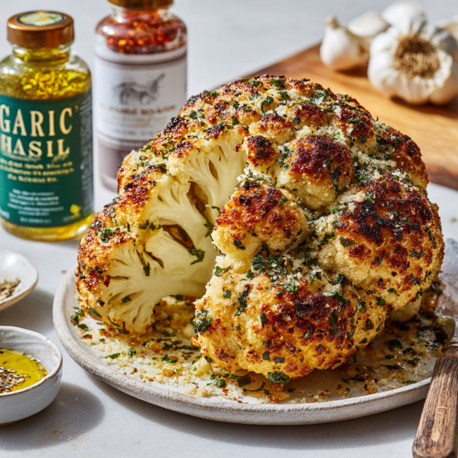 Garlic-Herb Roasted Whole Cauliflower with Parmesan Butter Crust