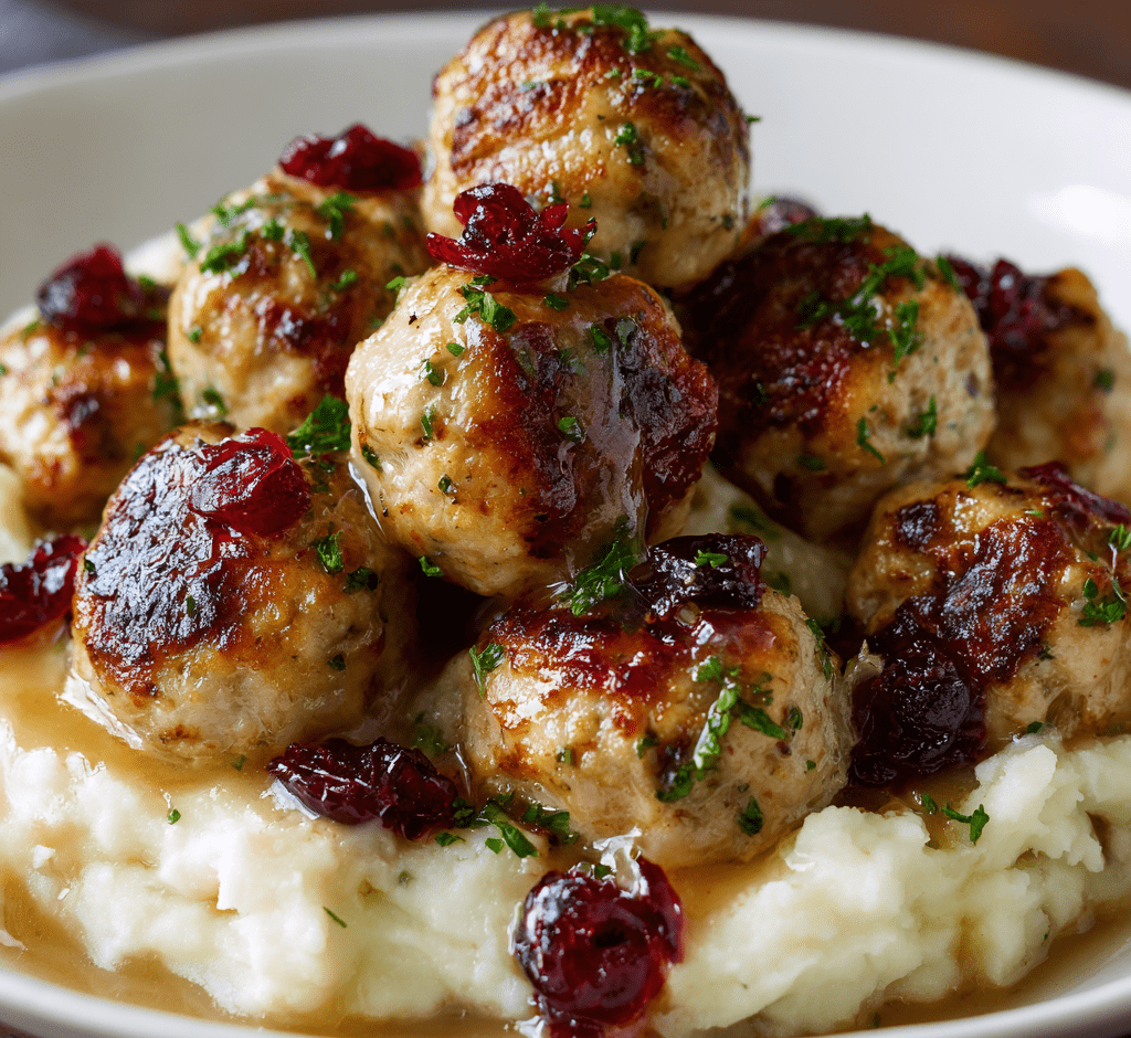Turkey Stuffing Meatballs with Mashed Cauliflower