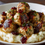 Turkey Stuffing Meatballs with Mashed Cauliflower