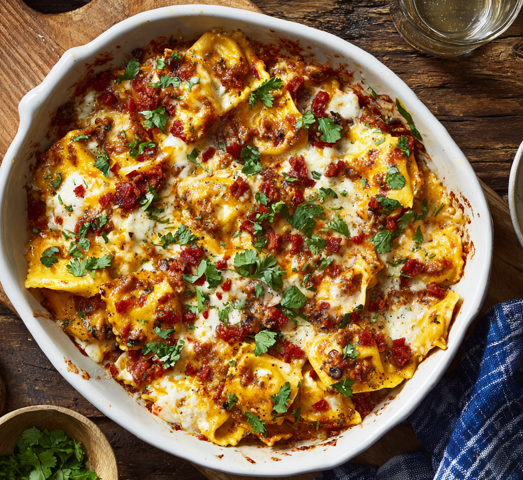 Cheesy Tex-Mex Baked Ravioli Casserole