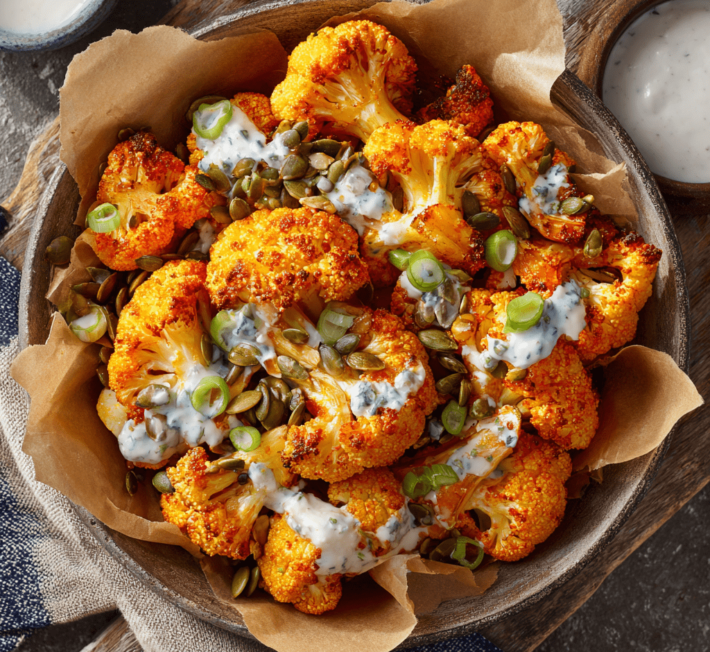 Buffalo Cauliflower Bites with Crunchy Seed Topping