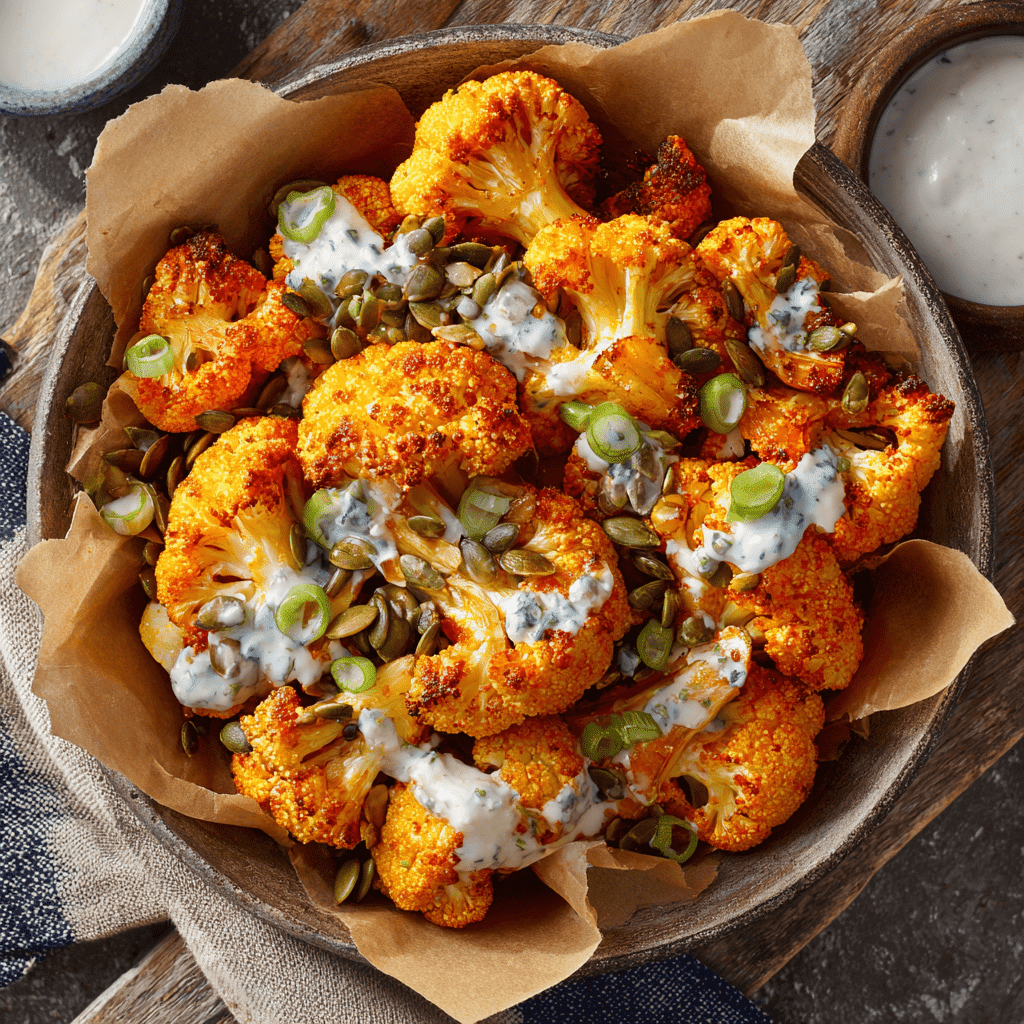 Buffalo Cauliflower Bites with Crunchy Seed Topping