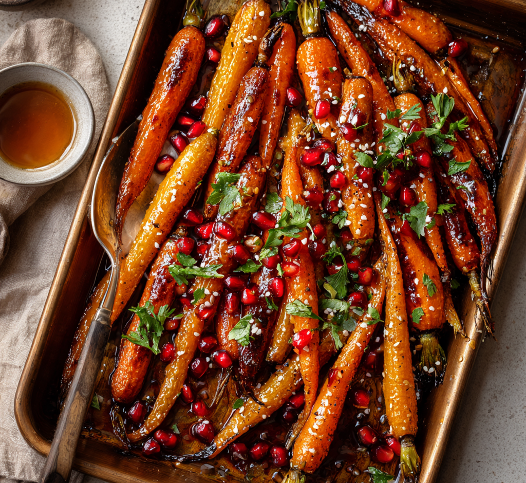 Maple Tahini Roasted Carrots with Pomegranate Seeds